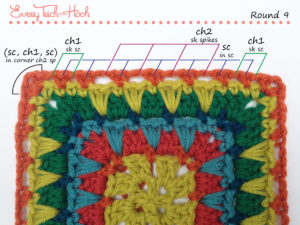Spiked Punch crochet afghan block pattern photo tutorial round 9
